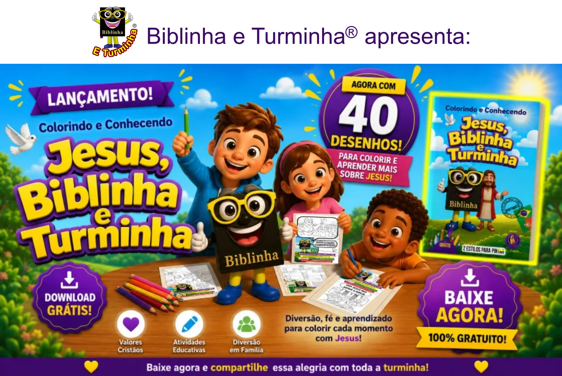 Banner do livrinho de colorir Biblinha e Turminha, projeto de discipulado infantil com marca registrada no INPI.