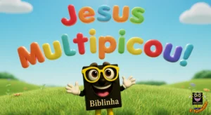 Biblinha e Turminha - letreiro Jesus Multiplicou os Pães - desenho cristão infantil para colorir