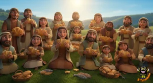 Biblinha e Turminha - adultos e crianças sentados comendo pães no milagre da multiplicação - desenho cristão infantil para colorir