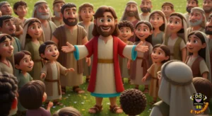 Biblinha e Turminha - Jesus ensinando o povo alegre durante a multiplicação dos pães - desenho cristão infantil para colorir