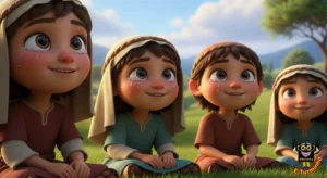 Biblinha e Turminha - crianças emocionadas sentadas no gramado ouvindo Jesus - desenho cristão infantil para colorir