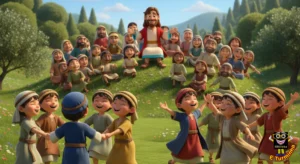Biblinha e Turminha - Jesus sentado com o povo feliz e grupos dançando de alegria - desenho cristão infantil para colorir