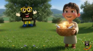 Biblinha e Turminha - criança feliz segurando cesto com pães e peixes - desenho cristão infantil para colorir