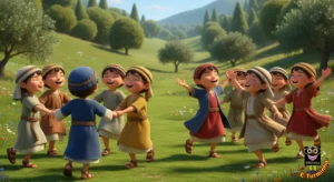 Biblinha e Turminha - grupos de pessoas dançando felizes pelo milagre - desenho cristão infantil para colorir