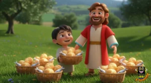 Biblinha e Turminha - Jesus e uma criança felizes ao lado de sete cestos de pães - desenho cristão infantil para colorir