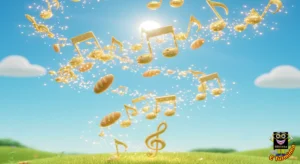 Biblinha e Turminha - notas musicais e pães dourados flutuando no céu - desenho cristão infantil para colorir