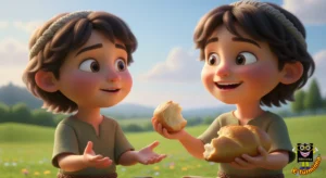Biblinha e Turminha - criança repartindo pão com o amiguinho - desenho cristão infantil para colorir