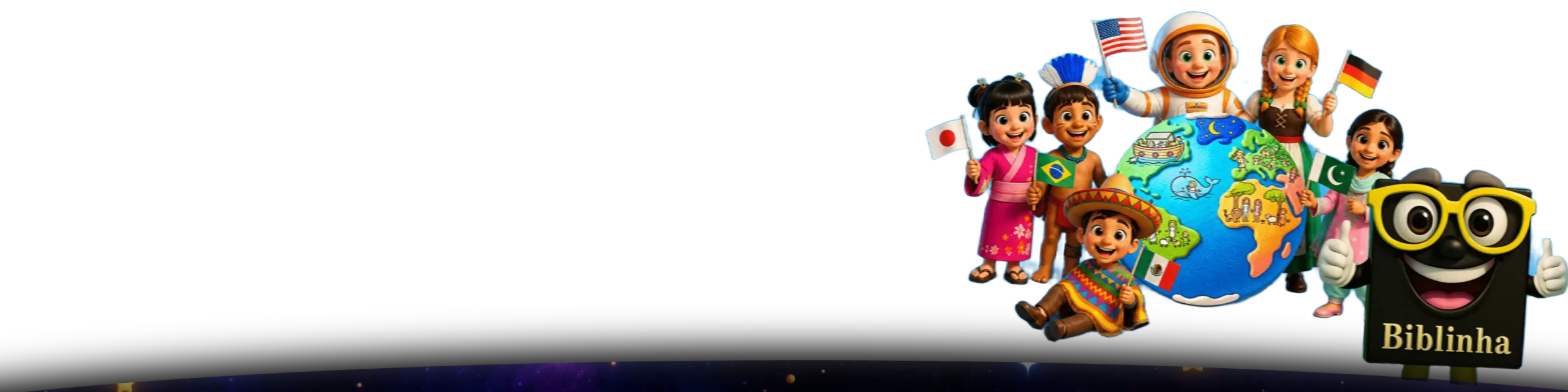Banner horizontal. À direita, um grupo de sete crianças de diferentes etnias e trajes típicos comemora ao redor de um planeta Terra estilizado e colorido. Entre elas, há um astronauta segurando a bandeira dos Estados Unidos e outras crianças com bandeiras do Japão, Brasil, México, Alemanha e Paquistão. Na direita, o personagem Biblinha — uma bíblia preta animada com óculos amarelos e olhos grandes — sorri fazendo sinal de positivo com as duas mãos.
