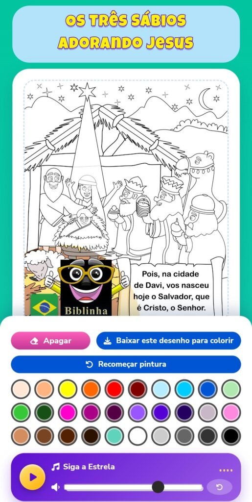 Print da Tela do celular mostrando a página "Os três Sábios Adorando Jesus" do projeto Colorindo a Biblinha Online.