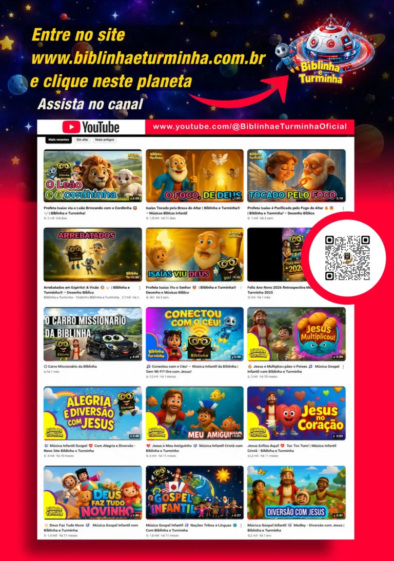Cartaz publicitário colorido do canal infantil cristão "Biblinha e Turminha". No topo, há o texto "Entre no site www.biblinhaeturminha.com.br e clique neste planeta" com uma seta vermelha apontando para um planeta azul tripulado por personagens animados em uma nave espacial. Abaixo, o texto "Assista no canal YouTube www.youtube.com/@BiblinhaeTurminhaOficial" introduz uma grade com 15 miniaturas de vídeos musicais e desenhos bíblicos animados do canal. No canto médio direito, há um QR Code ao lado de uma imagem de Feliz Ano Novo 2026.